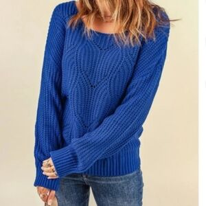 Blue Cable Knit Women's Sweater Small Longsleeve Crew Neck